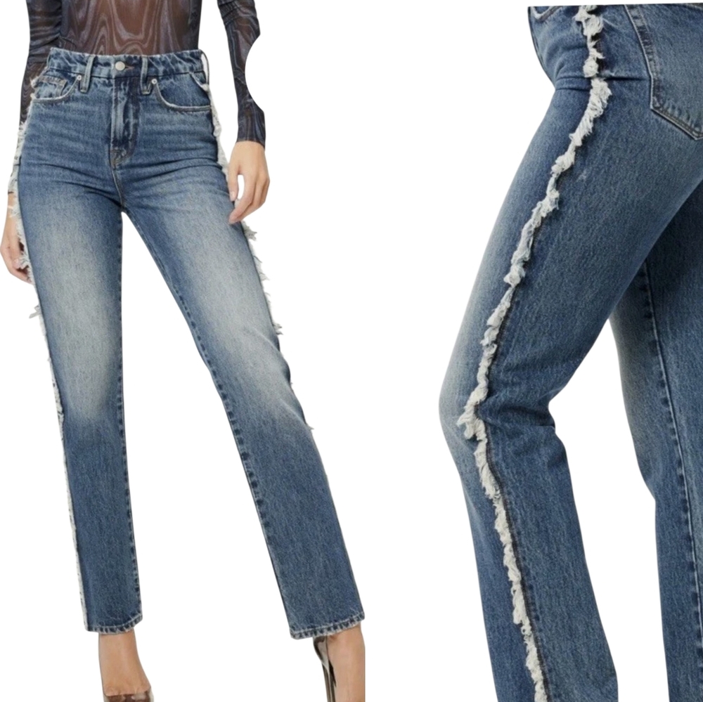 Good American Good Boy Side Frayed Straight Leg Jeans